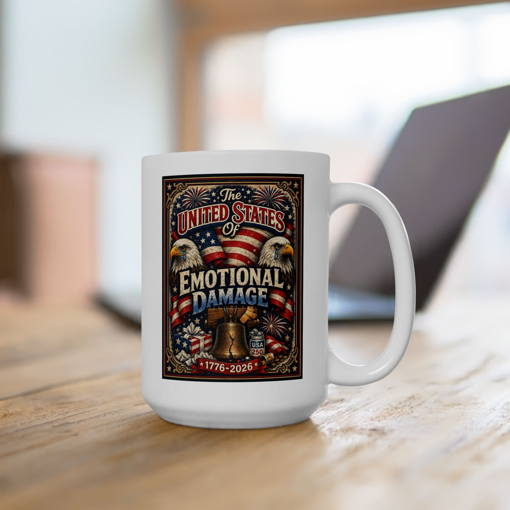 United States of Emotional Damage Patriotic Eagle Ceramic Mug – Proud American 15oz Coffee Cup