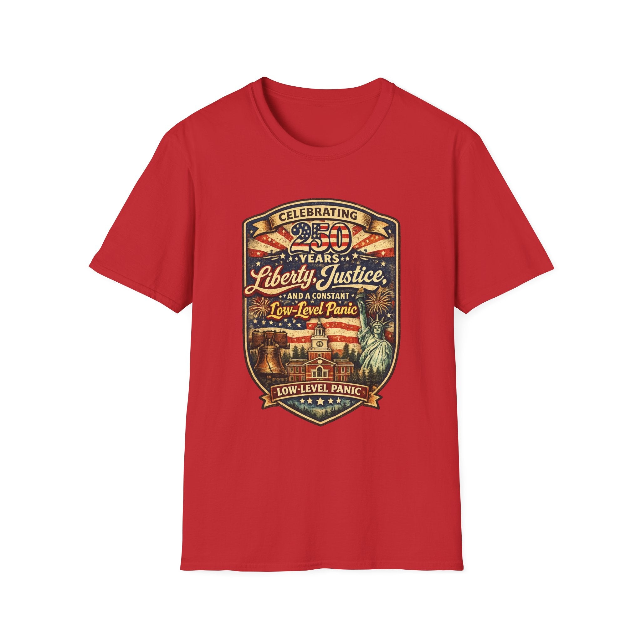 Liberty & Justice And Low Level Panic 250th Anniversary T-Shirt — Vintage Independence Celebration Tee