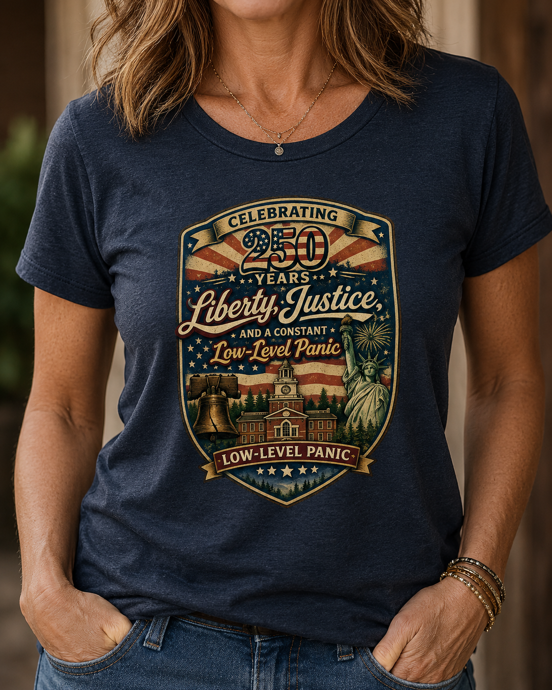 Liberty & Justice And Low Level Panic 250th Anniversary T-Shirt — Vintage Independence Celebration Tee
