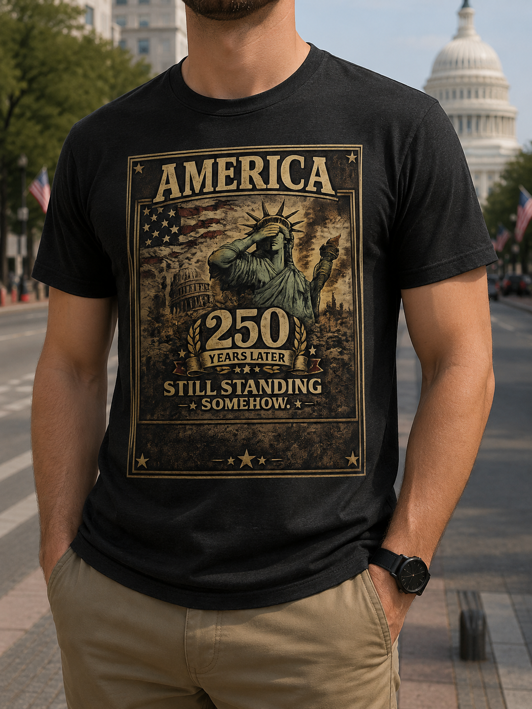 America 250th Anniversary T-Shirt — "Still Standing (Somehow)" Vintage Statue of Liberty Design