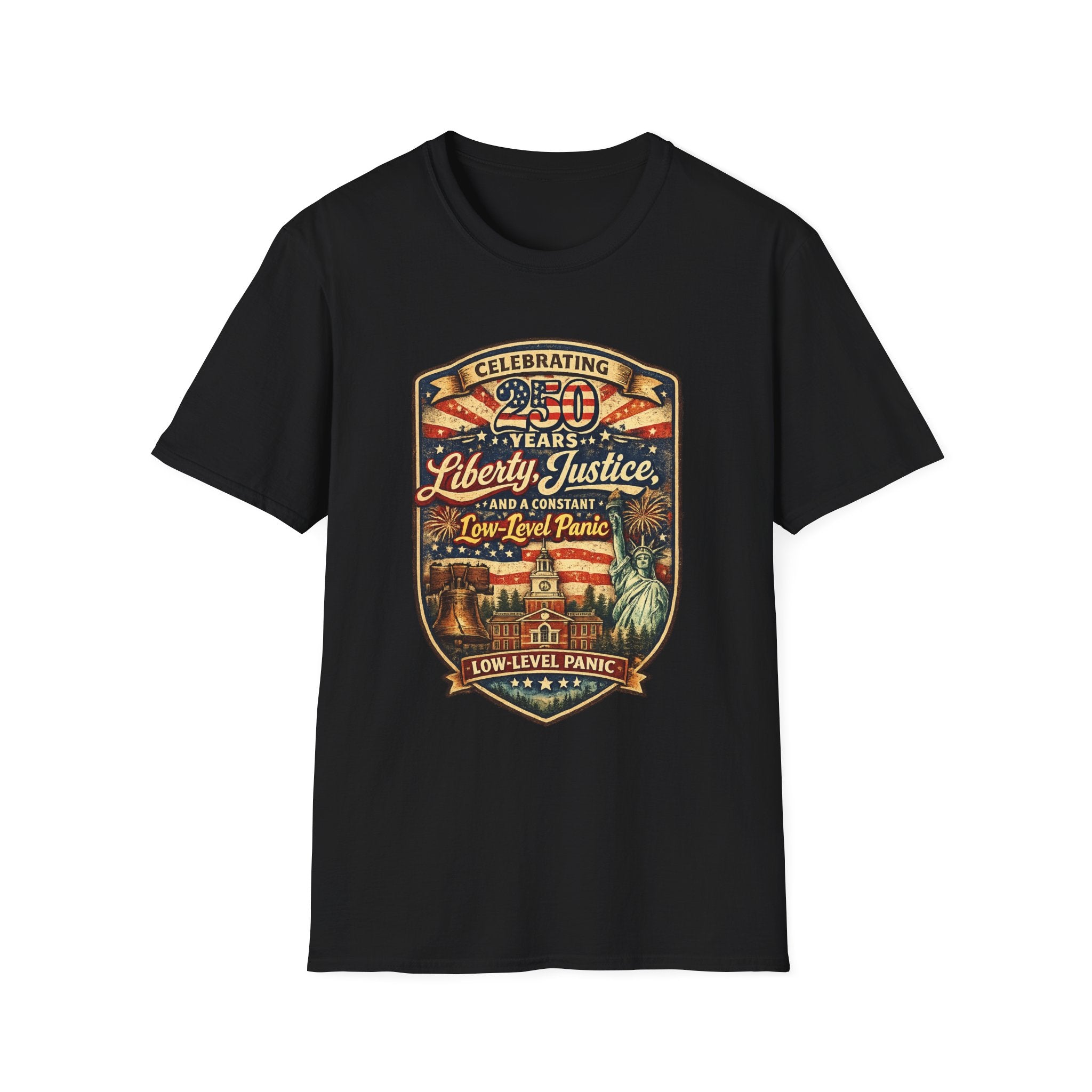 Liberty & Justice And Low Level Panic 250th Anniversary T-Shirt — Vintage Independence Celebration Tee