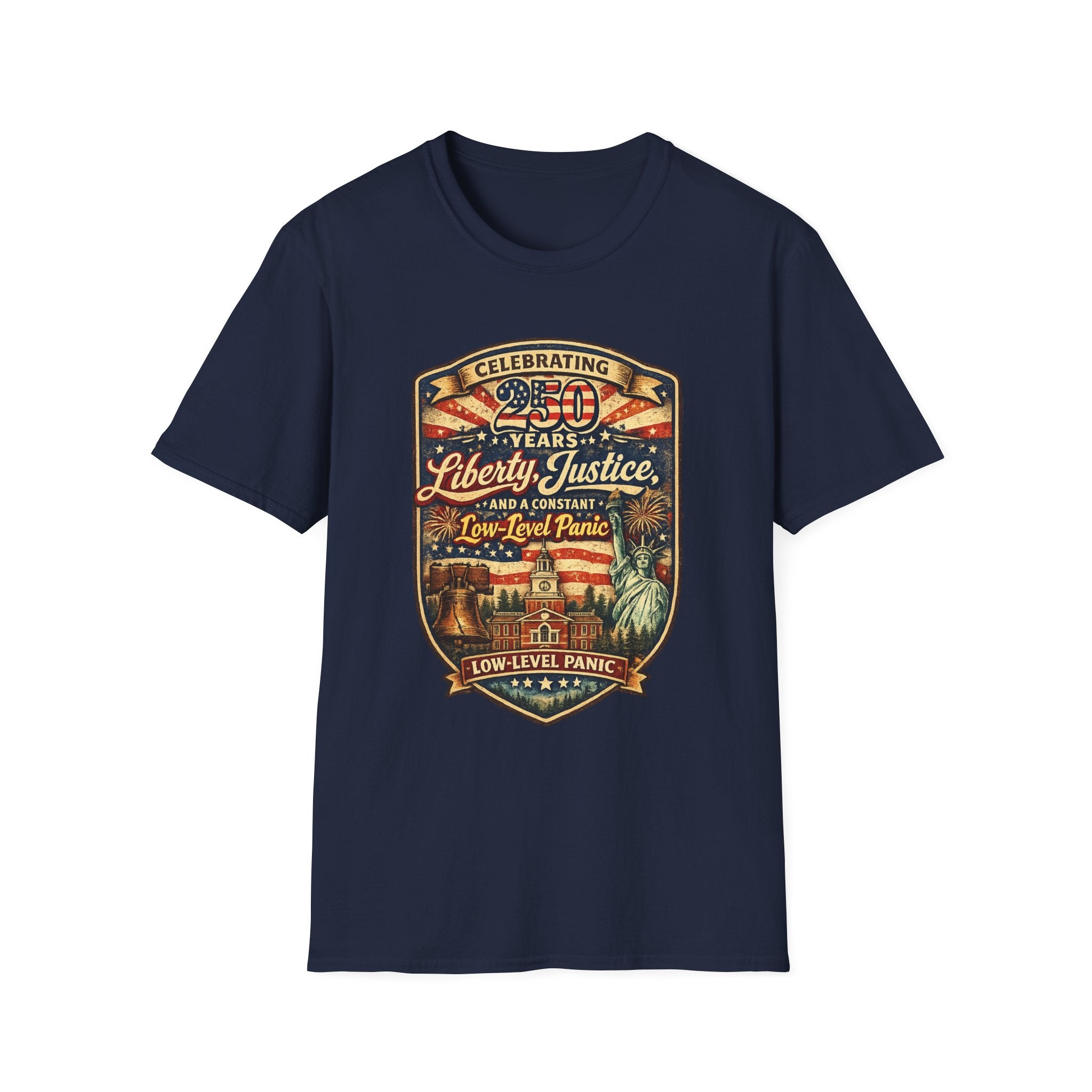 Liberty & Justice And Low Level Panic 250th Anniversary T-Shirt — Vintage Independence Celebration Tee