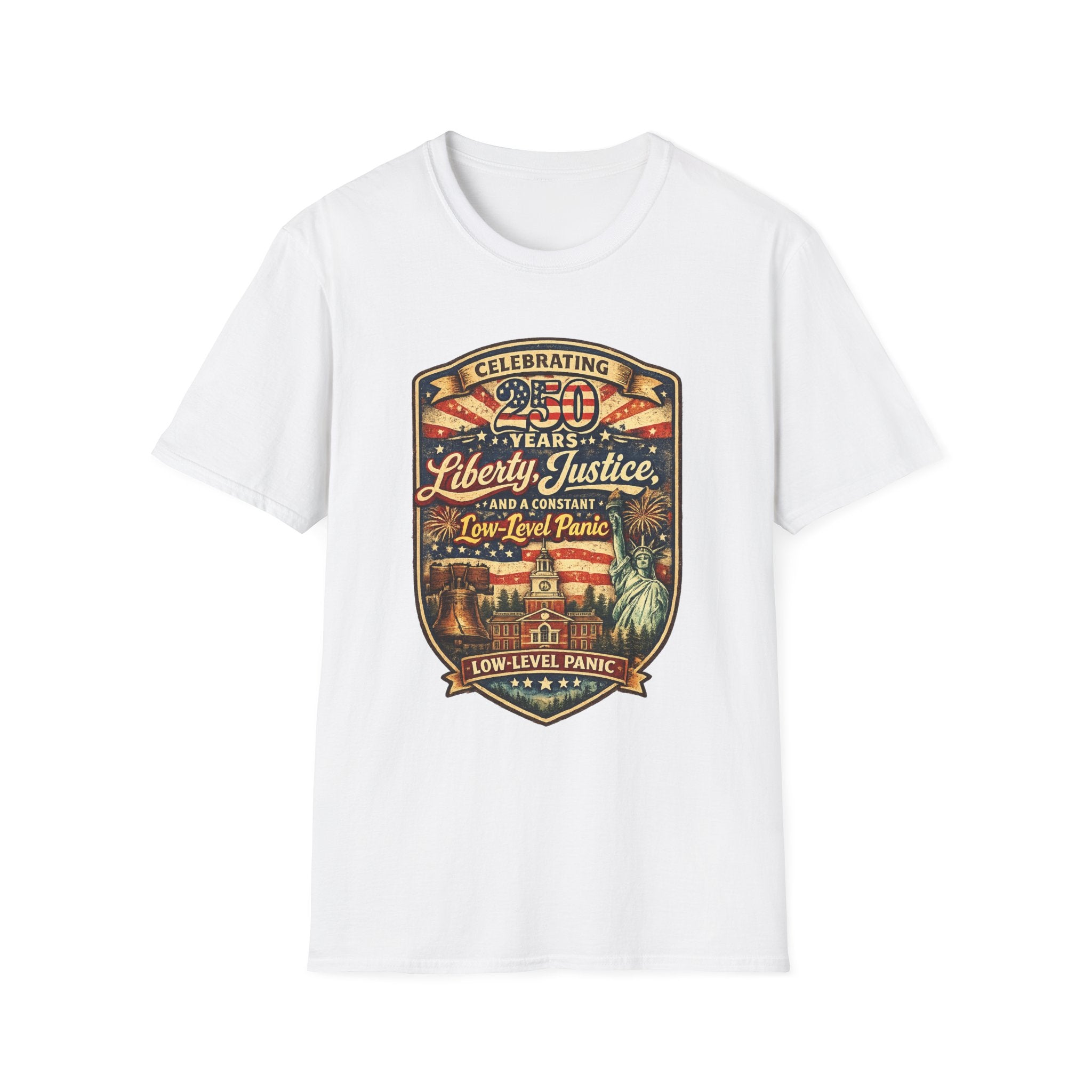 Liberty & Justice And Low Level Panic 250th Anniversary T-Shirt — Vintage Independence Celebration Tee