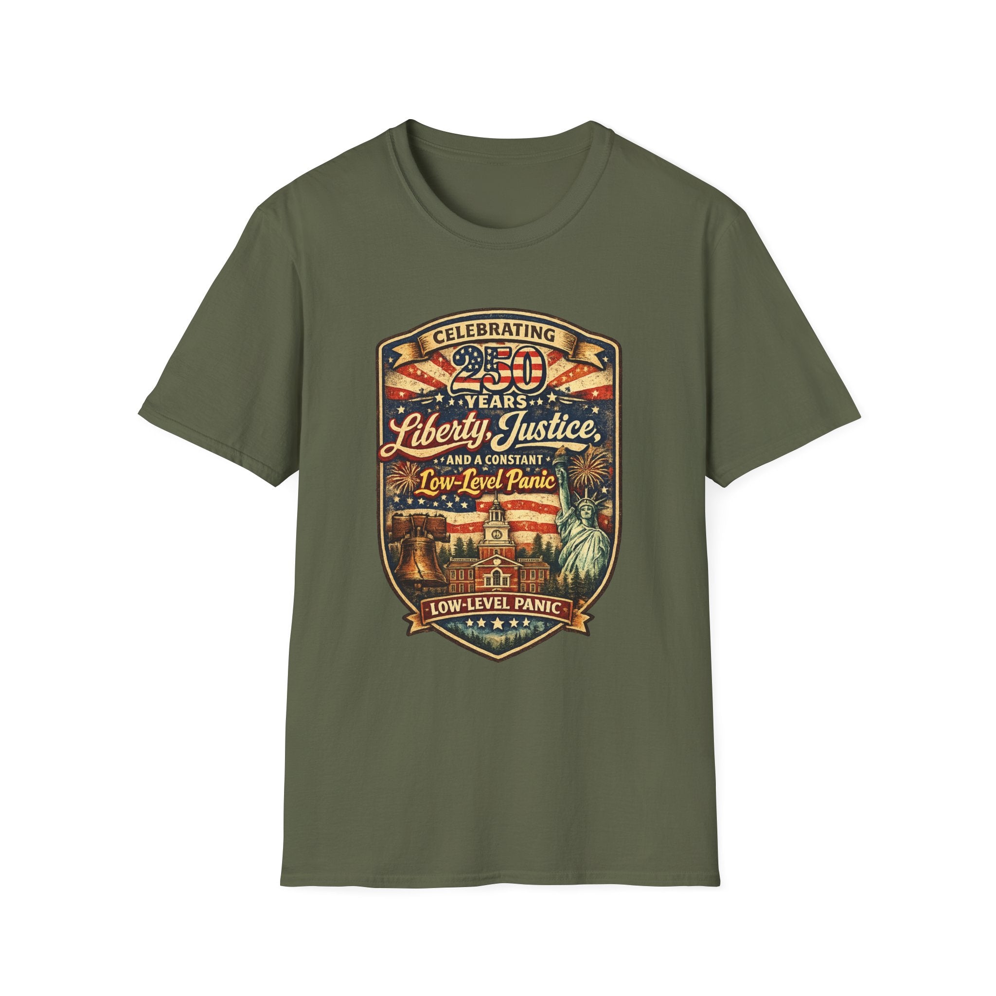 Liberty & Justice And Low Level Panic 250th Anniversary T-Shirt — Vintage Independence Celebration Tee